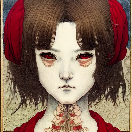 Image similar to prompt: Portrait painted in renaissance style drawn by Katsuhiro Otomo and Takato Yamamoto, inspired by Fables, china doll face, smooth face feature, intricate oil painting, high detail, sharp high detail, manga and anime 2000