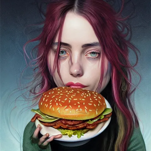 Prompt: detailed full body concept art illustration oil painting of Billie Eilish consuming hamburgers, extra ketchup, bacon lettuce and tomatos, oriental art nouveau, frock, mid body, radiant halo of light, black gold smoke ink, woman covered in sliced tomatos and onions, peter mohrbacher, artgerm