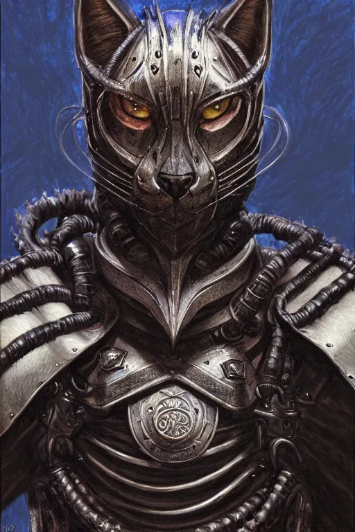Prompt: head and shoulders portrait of an eldritch knight, tabaxi, black cat, anthropomorphic, male, breastplate, magical, high fantasy, d & d, by donato giancola, face details, extremely detailed, digital illustration
