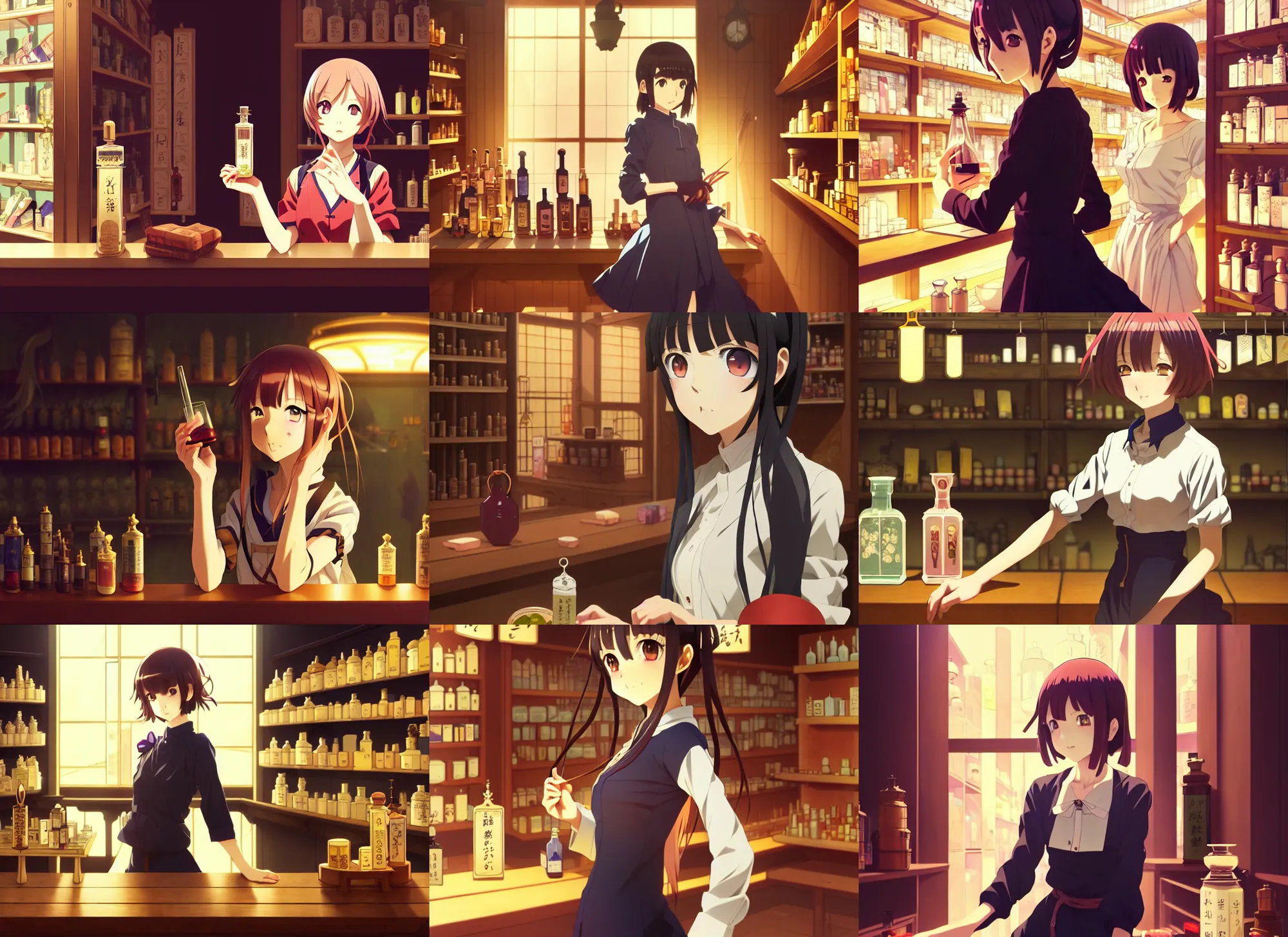 Prompt: anime visual, portrait of a young female traveler in a alchemist's potion shop interior shopping, low light, cute face by ilya kuvshinov, yoh yoshinari, makoto shinkai, katsura masakazu, dynamic pose, dynamic perspective, cel shaded, flat shading mucha, crisp smooth clean lines, rounded eyes, moody, detailed facial features