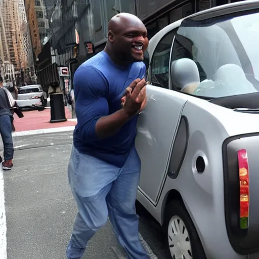 Prompt: amateur photo of shaq getting into a smart car on the streets of new york