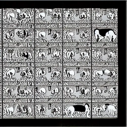 Image similar to an intricate tiled pattern of cats and dogs by mc escher, black and white painting