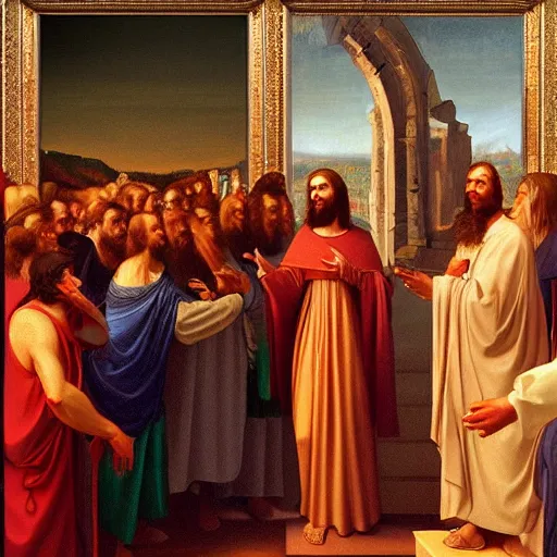 Image similar to jesus christ preaching to vladmir putin, photorealistic frame hanging on the wall, ultra-realistic in the colourful style of leonardo da vinci artstation hd oil painting and edward hooper, renaissance painting