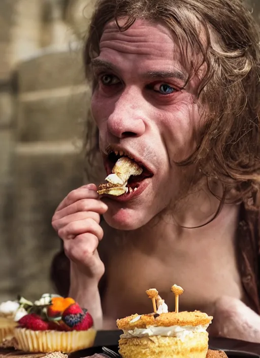 Image similar to closeup portrait of a medieval goblin eating cakes in the cloisters, depth of field, zeiss lens, detailed, symmetrical, centered, fashion photoshoot, by annie leibovitz and steve mccurry, david lazar, jimmy nelsson, breathtaking, 8 k resolution, extremely detailed, beautiful, establishing shot, artistic, hyperrealistic, beautiful face, octane render