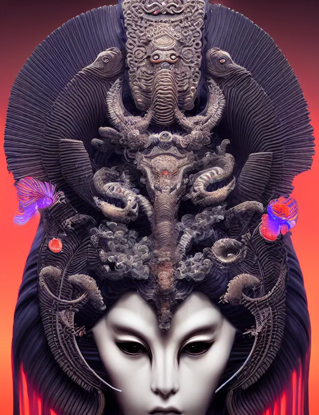 Image similar to 3 d goddess close - up frontal portrait with ram skull. beautiful intricately detailed japanese crow kitsune mask and clasical japanese kimono. betta fish, jellyfish phoenix, bio luminescent, plasma, ice, water, wind, creature, artwork by tooth wu and wlop and beeple and greg rutkowski