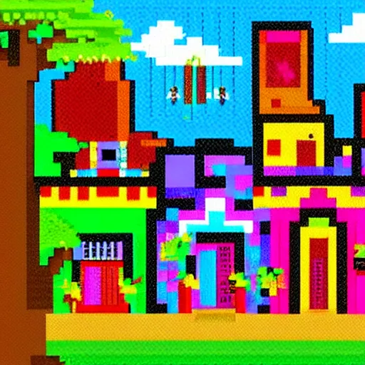 Prompt: pixel art of Colorful Mexican village