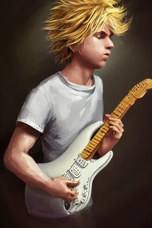 Image similar to blonde wild hair boy playing fender stratocaster, eye - patch, close - up portrait, plain white tshirt, powerfull, intricate, elegant, volumetric lighting, scenery, digital painting, highly detailed, artstation, sharp focus, illustration, concept art, steve mccurry