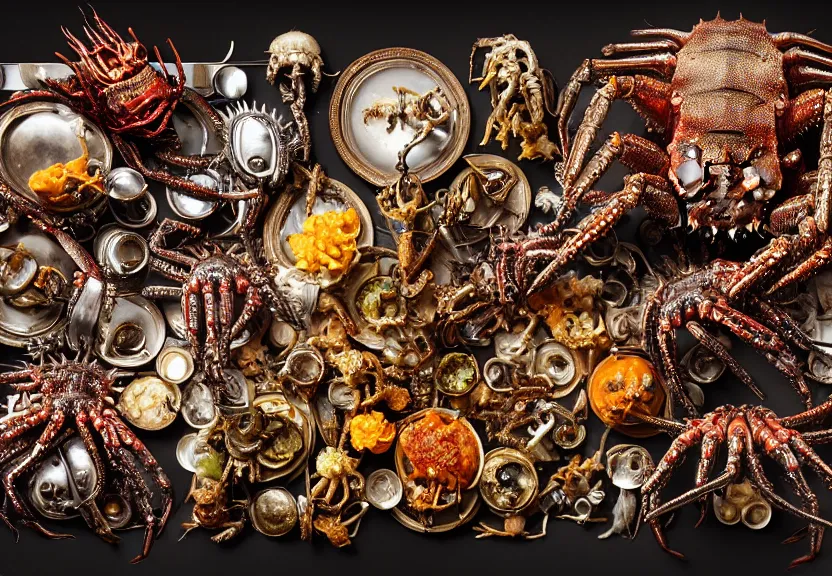 Prompt: an opulent banquet of food on a table covered with spiny metallic cyborg king crabs and slimy metallic cyborg conches and spiny metallic cyborg earthworms and huge animal skulls. biomechanical giger ’ s xenomorph. the thing. the blob. reclaimed lumber, detailed and intricate environment, hyperrealism, food photography, rembrandt