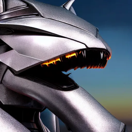 Prompt: close up maw shot, headshot, of a cute stunning robot anthropomorphic female dragon, with sleek silver armor, a black OLED visor over the eyes, looking at the camera, her warm dragon maw open in front of the camera, camera looking down into the maw, about to consume the camera, on the beach at sunset, highly detailed digital art, furry art, anthro art, sci fi, warframe art, destiny art, high quality, 3D realistic, mawshot, Furaffinity, Deviantart