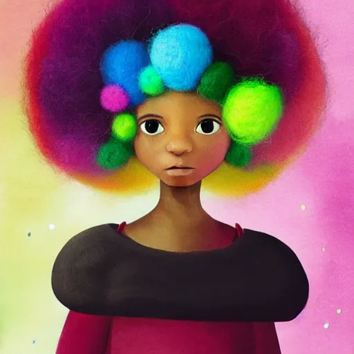 Prompt: a black girl with a colorful afro in a candy forest! at night, bokeh, bright colours, watercolor, volumetric wool felting, macro photography, children illustration, by goro fujita