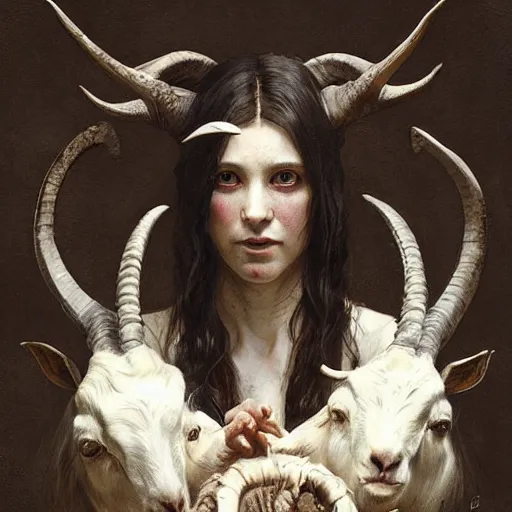 Image similar to woman with goat horns holding an animal skull, style of da vinci, horror, fantasy illustration, by greg rutkowski