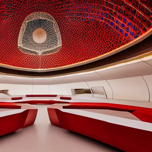 Image similar to interior of a futuristic lotus temple space station with gold, red and white marble panels, by buckminster fuller and syd mead, intricate contemporary architecture, photo journalism, photography, cinematic, national geographic photoshoot