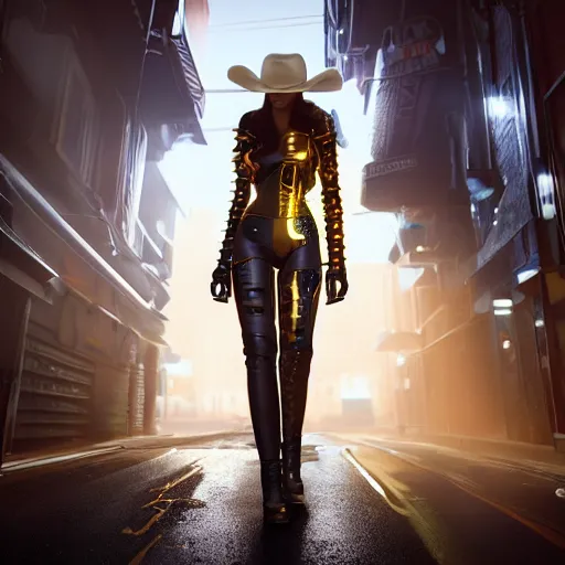 Prompt: beautiful female cyborg wearing cowboy hat walking in art deco cyberpunk alley, brilliant long green hair, glowing golden eyes, wearing long trench coat, bright silver revolvers in holsters, dynamic dramatic golden moody lighting, volumetric lighting, shadows,cinematic atmosphere,Artstation, hyperrealistic 3D digital art,Octane render,8K 4K UHD image