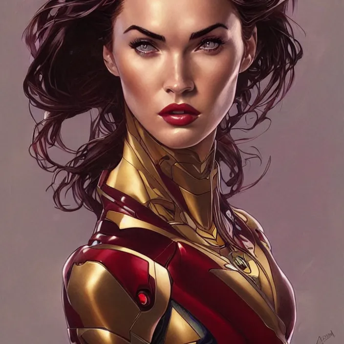 Image similar to megan fox as female ironman by artgerm, greg rutkowski, alphonse mucha