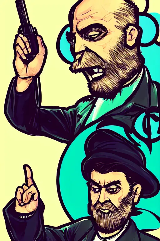 Prompt: angry ali khamenei, with pointing finger, delete duplicating content, parallel content, hyperrealistic anatomy body content, violet polsangi pop art, gta chinatown wars art style, extreme quality masterpiece, bioshock infinite art style, incrinate, 2 color, white frame, content balance proportion