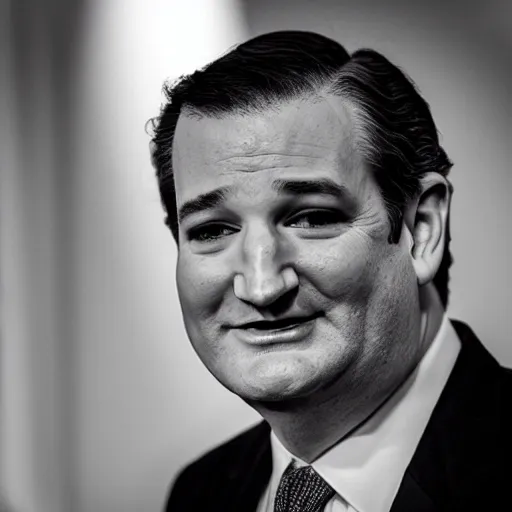 Image similar to Ted Cruz with a wide grin looking up directly at the camera, black and white, creepy lighting, scary, horror, ornate, eerie, fear