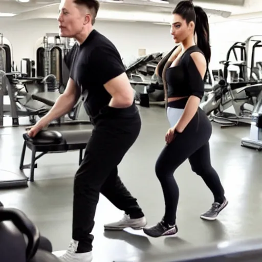 Prompt: elon musk and kim kardashian stretching at a gym