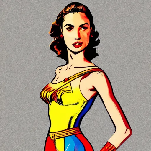 Image similar to illustration, full body portrait of gal gadot in the style of bill medcalf, retro, 1 9 5 0, 4 k, detailed