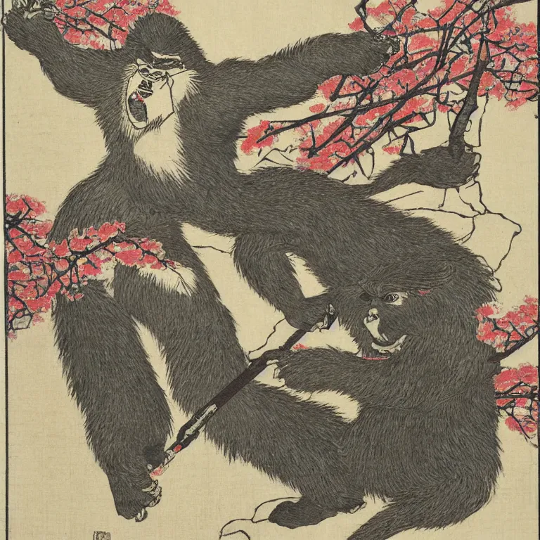 Prompt: a japanese woodblock print of bigfoot riding a motorcycle with cherry blossoms