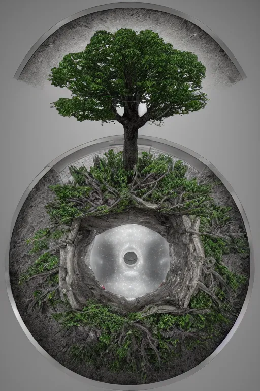 Image similar to soul tree of the earth, perfect symmetry, left side chaos, right side serenity, circular base surrounding grand tree, cinematic, intricate detail, small details, extra detail, high resolution, 3 d, volumetric lighting, octane render, 8 k, ultradetailed, photorealistic