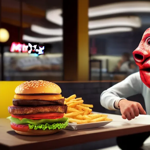 Image similar to photograph of a man with a steak head begging for food at mc donalds, 8k resolution, high detail, ULTRA REALISTIC VFX, reflections