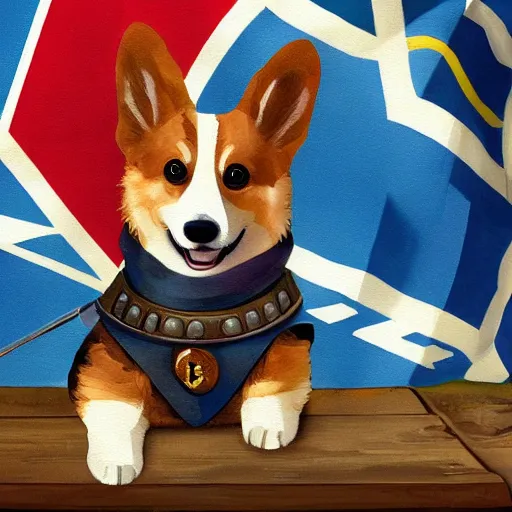 Image similar to A painting of a proper elderly corgi wearing battle armor, with his paws on his sword, posing for the painting. UK flags in the background, medieval style, artwork