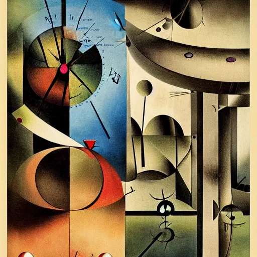 Image similar to futuristic abyssal 1 9 2 0's reservoir fractal warbler clock palm courtyard, by joan miro and monsu desiderio and anton pieck, movie poster, lowbrow, trending on cgsociety