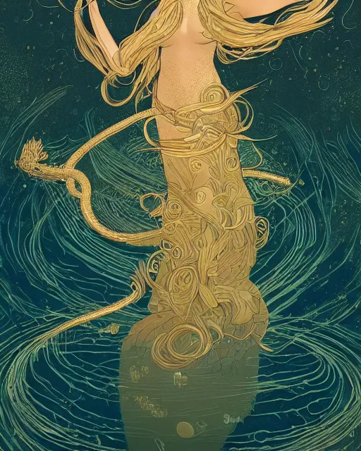 Image similar to a beautiful maiden with golden hair growing scales and sharp claws like a serpentine, digital art, illustrated by james gurney and victo ngai