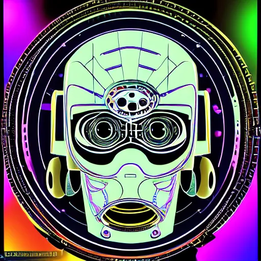 Image similar to hyperdetailed portrait of a spaced out steampunk robot head, 8 k, symetrical, flourescent, halluzinogenic, meditative, multicolored vector art, black background