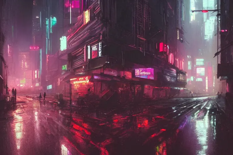 Image similar to a brutalist cyberpunk city street at night, raily season, very wet, neon lights and adds, architecture, a realistic digital painting by greg rutkowski and james gurney, trending on artstation, very highly detailed, 8 k