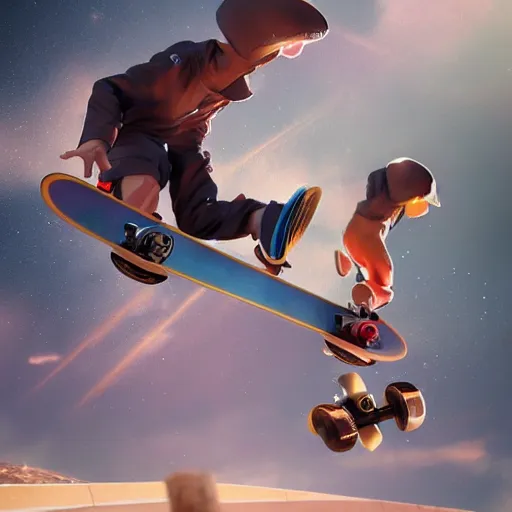 Image similar to skateboarding with friends when a dimensional rift opens up, in the style of artgerm Hiroya Oku Riyoko Ikeda, 3d render, artstation trending, 8k, octane render, photorealistic, sharp detail, manga