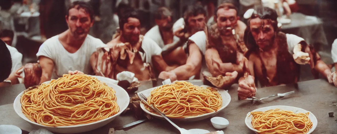 Image similar to ancient romans gladiators eating big bowl of spaghetti!!!!, architectural, minimal, canon 5 0 mm, wes anderson film, kodachrome, retro