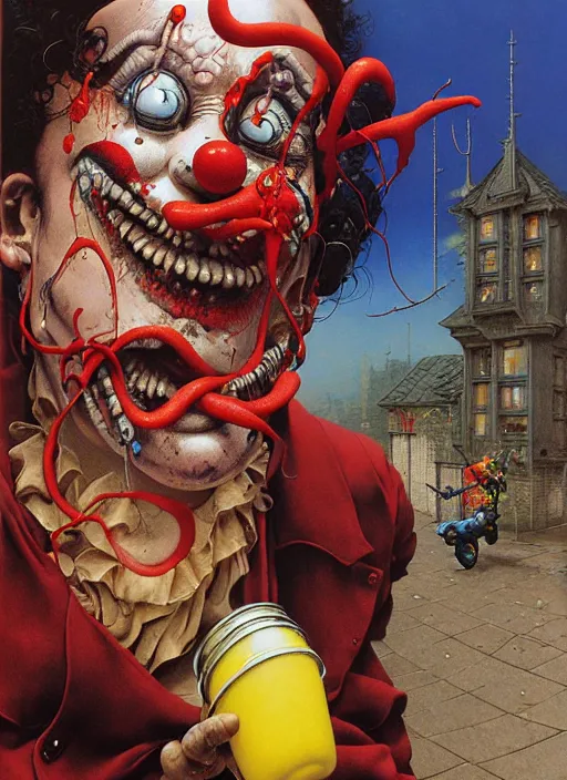 Prompt: figure of a funny clown giving an -cream to a little boy at suburbs area street by Ayami Kojima, Amano, Karol Bak, Greg Hildebrandt, and Mark Brooks, Neo-Gothic, gothic, rich deep colors. Beksinski painting, part by Adrian Ghenie and Gerhard Richter. art by Takato Yamamoto. masterpiece. realistic detailed image