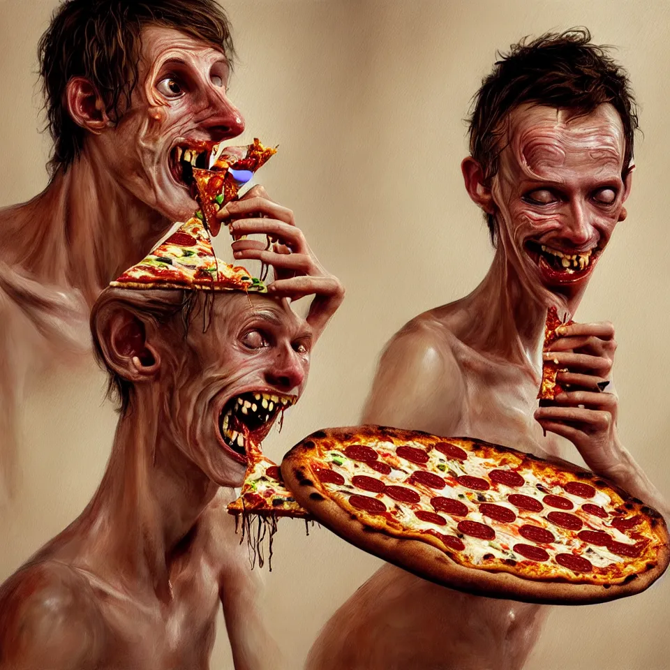 Image similar to bright realistic anorexic man puking pizza and smiling franticly, apartment, rotten flesh, diffuse lighting, fantasy, intricate, elegant, highly detailed, lifelike, photorealistic, digital painting, artstation, illustration, concept art, smooth, sharp focus, art by francis bacon and jenny saville