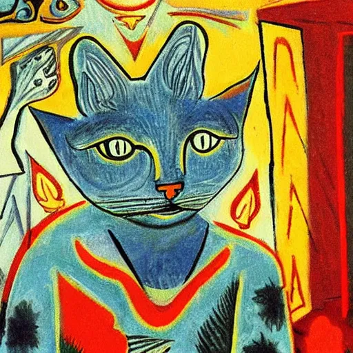 Prompt: a playful mind of astral cat by picasso