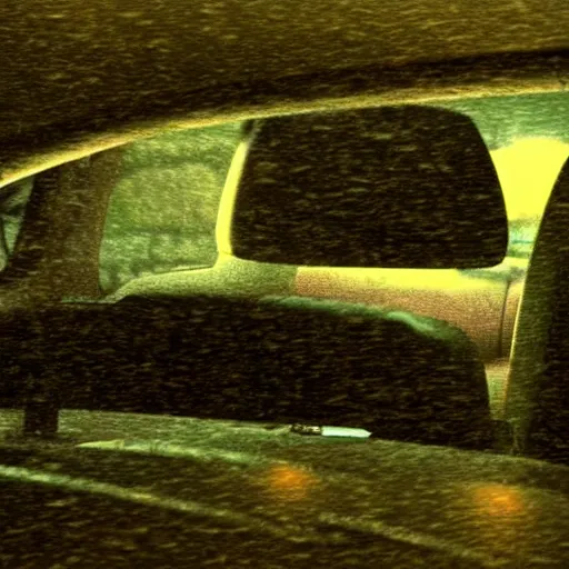 Prompt: car driver view, night, raining, creepy place, penumbra