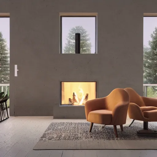 Image similar to two armchairs sitting in front of a cosy fireplace, modern home design interior, octane render, hyperrealistic, concrete archetecture, vray, volumetric lighting, cinema 4 d, unreal engine