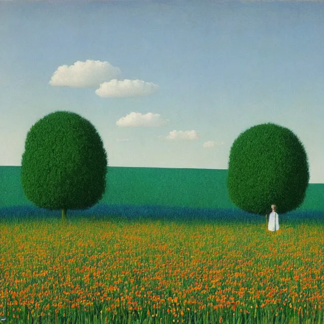 Prompt: kaali in distance looking at you in beautiful meadow of flower, detailed painting by rene magritte