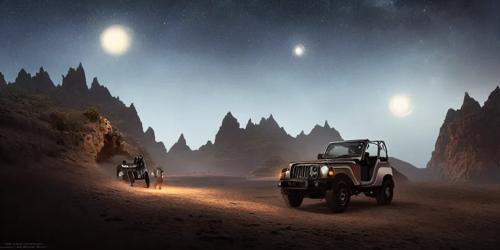 Image similar to mahindra thar riding through moonlit socotra island with dragon trees, starry night, chasing action scene, epic fantasy, sharp focus, trending on ArtStation, masterpiece, by Greg Rutkowski, by Ross Tran, by Fenghua Zhong, corona render, soft render, ultrarealistic, colorful, cinematic, matte painting, shadow of the tomb rider