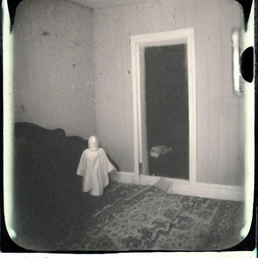 Prompt: Creepy ghost near old bed in motel room | vintage scratched polaroid photo
