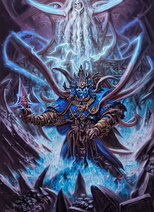 Image similar to wide shot of a wizard of tzeentch, evil warp energy, warp lightning, blue runes, intricate, warhammer, warhammer 4 0 k, highly detailed, digital painting, concept art, sharp focus, illustration, psychedelic, grim dark, moody, gloomy, art by john blanche, by pedro nunez, by jaime martinez, by nacho molina