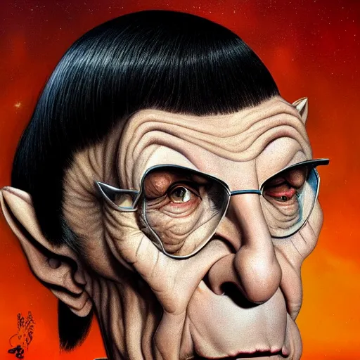 Prompt: Leonard Nimoy as Spock Funny cartoonish by Gediminas Pranckevicius H 704 and mort drucker Tomasz Alen Kopera, masterpiece, trending on artstation