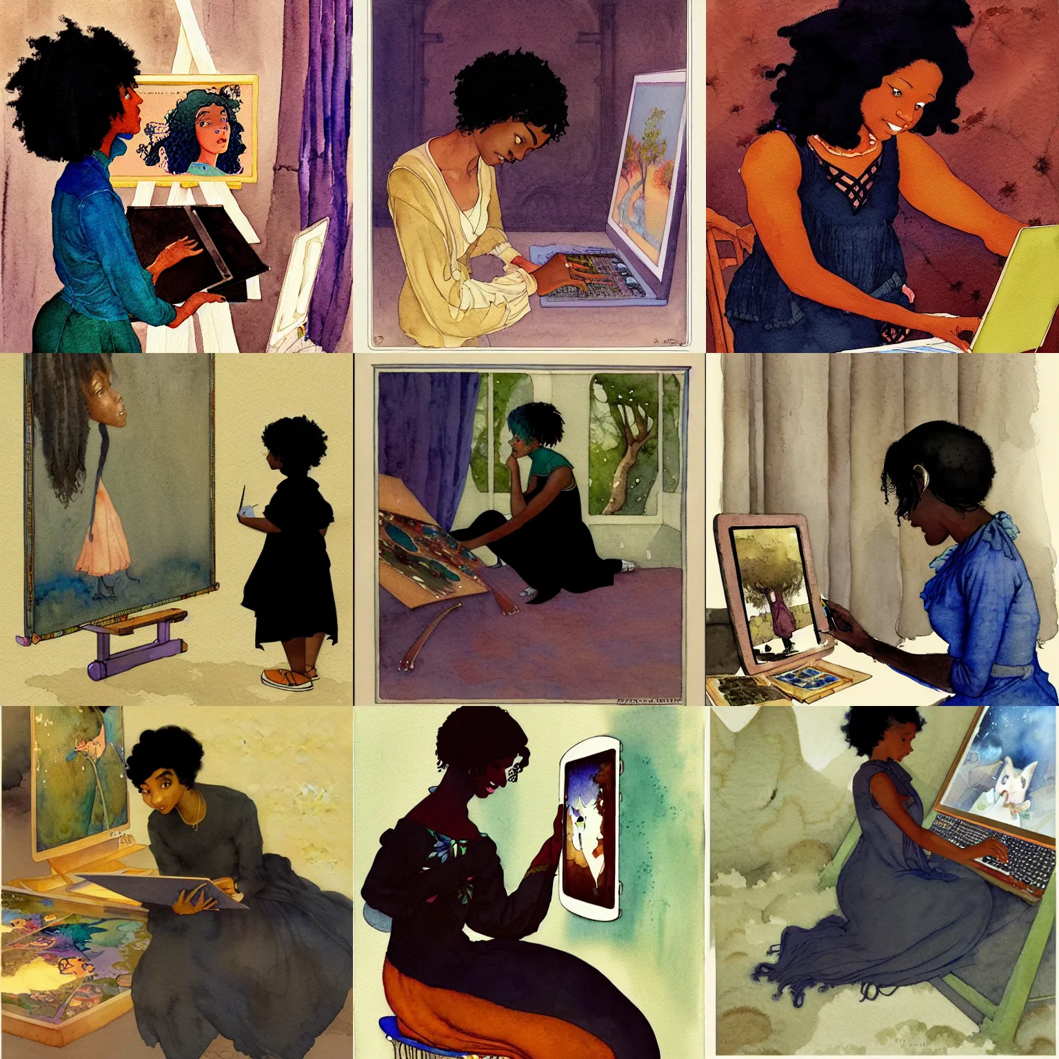 Prompt: Watercolor storybook illustration of a black female game artist looking at his amazing work of art on a computer screen, by Agnes Cecil and Edmund Dulac, Artstation