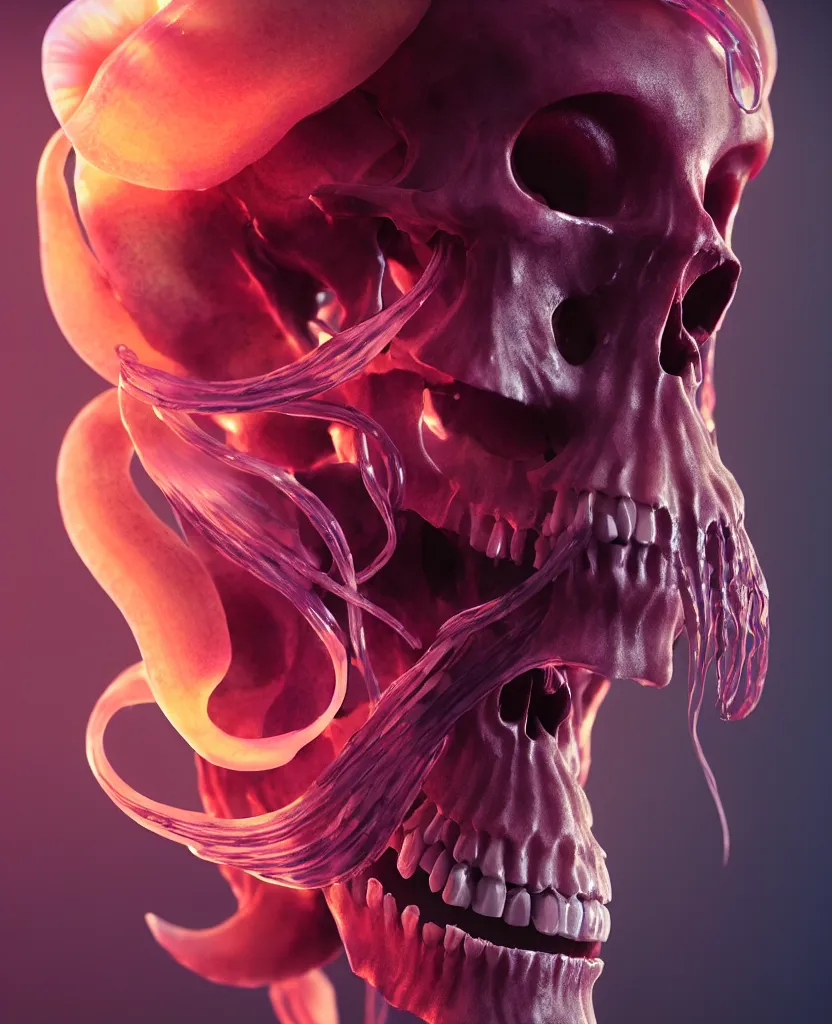 Image similar to goddess close - up portrait human skull, ram skull, squid phoenix jellyfish, orchid, betta fish, bioluminiscent, intricate artwork by tooth wu and wlop and beeple. octane render, trending on artstation, greg rutkowski very coherent symmetrical artwork. cinematic, hyper realism, high detail, octane render, 8 k