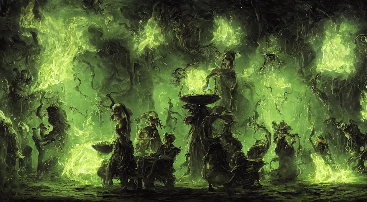 Image similar to A highly detailed oil painting by Greg Rutkowski of a group of sorcerers wearing black robes making a potion in a huge bubbling cauldron glowing bright green, with lots of fire coming from it, highly detailed fantasy concept artwork, very realistic, green and black color scheme, graffiti.