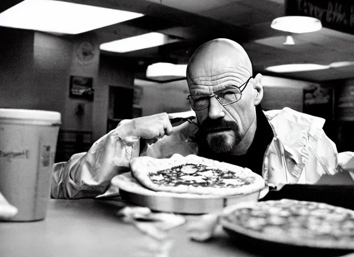 Prompt: walter white eating pizza at chuck - e - cheese, dramatic lighting, film still from breaking bad ( 2 0 1 0 ), 3 5 mm kodak, 2 4 mm lens, directed by rian johnson