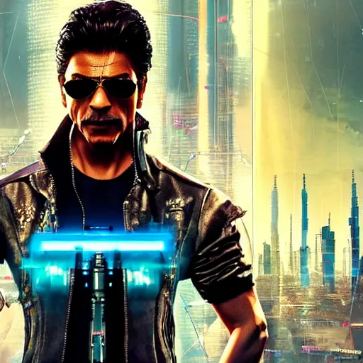 Prompt: Shah Rukh Khan, as a character from Cyberpunk 2077, looking at camera, intricate, sci-fi, extremely detailed, surreal, hyper realistic, in the background cyperpunk-2077-city, trending on artstation, 8K, HD