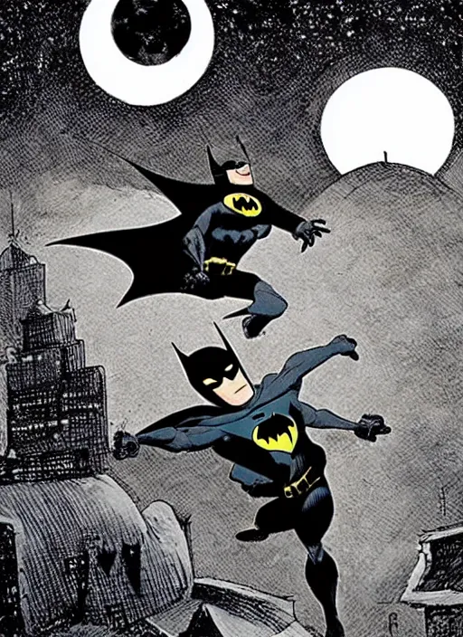 Prompt: batman jumping from a roof at night, moon visible, frank miller