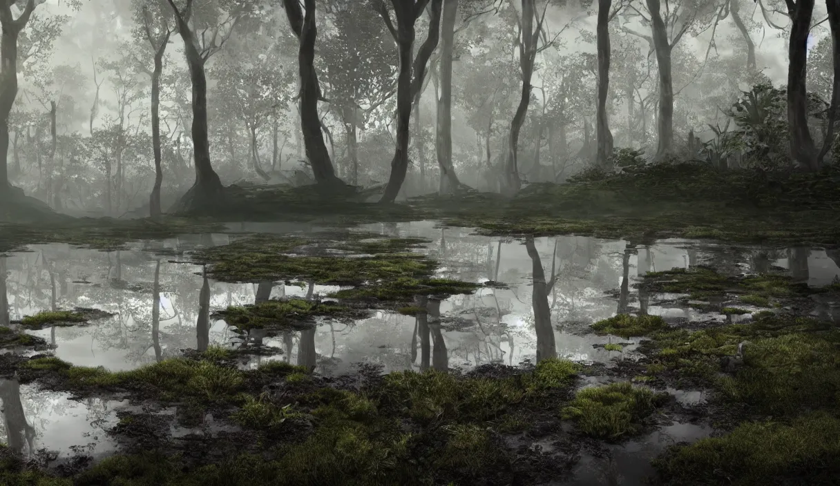 Prompt: realistic bubbling peat bog from which grow lush carnivorous plants, murky water, reflections, contrasting light, attention to detail, dark and dramatic atmosphere, volumetric fog, raytracing, back light, raymarching, by ilm, by digital domain, by weta digital