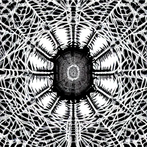 Image similar to spiderweb abomination, scary, mostly black and white, mandelbulb fractal, expansive, huge, lots of detail, highly detailed, 8 k